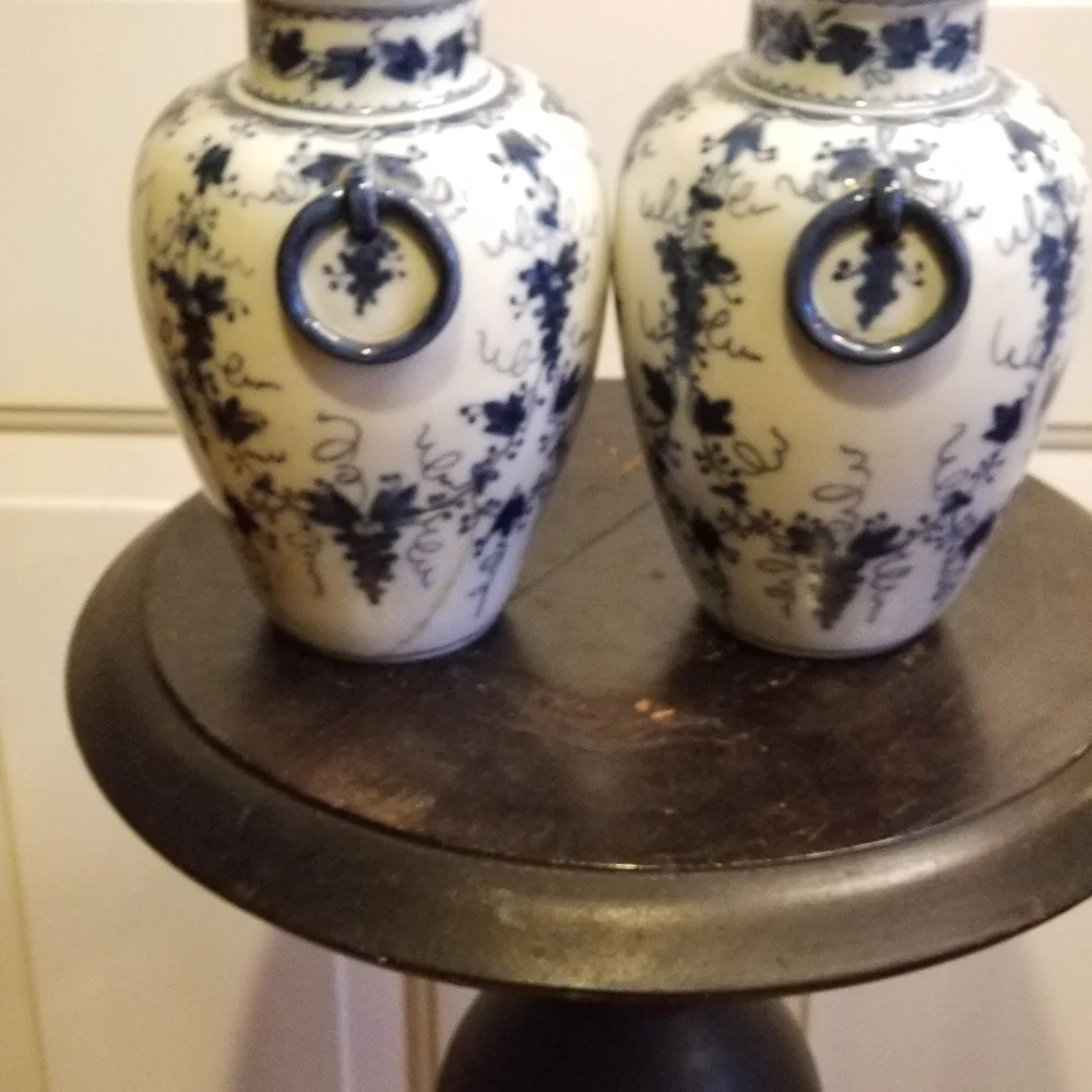 Pair of Blue and White Vintage Vases/ Urns with Gold Accents